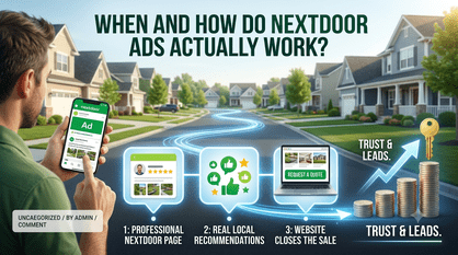 A modern marketing graphic displaying a smartphone floating above a suburban street with Nextdoor app notifications, lead alerts, and interactive neighborhood map pins.